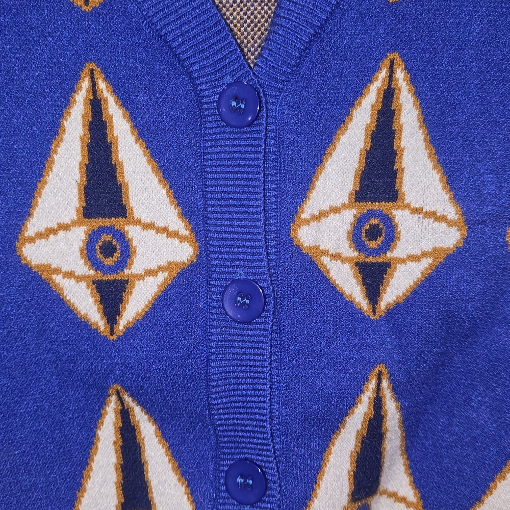 Best Day Ever Blue Geometric Eye Pattern Kid's Sweater Cardigan Size Large - Picture 3 of 5